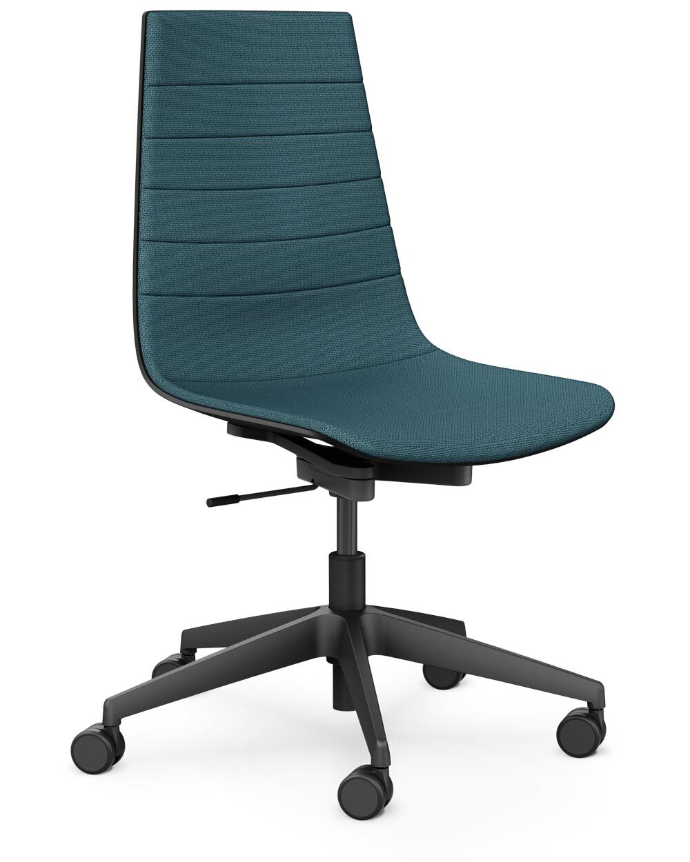 Ergonomischer Bürostuhl mit blauer Polsterung und verstellbarer Höhe, auf einem fünfarmigen Rollgestell.