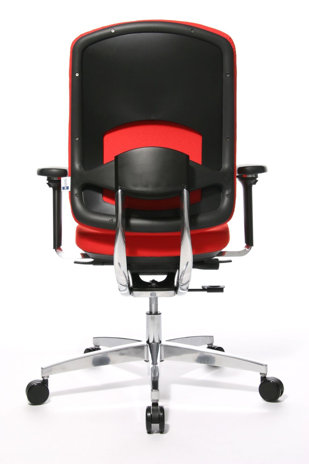 Ergonomischer Bürostuhl mit rotem Polster und schwarzer Rückenlehne, zeigt stilvolles Design und Mobilität.