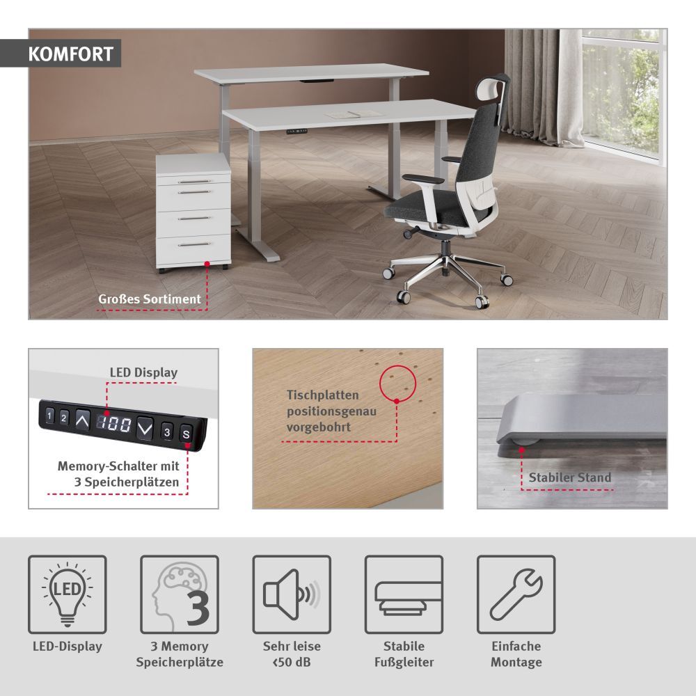 Ergonomischer Bürostuhl und höhenverstellbarer Tisch mit LED-Display und vorgebohrten Tischplatten, stabiler Stand.