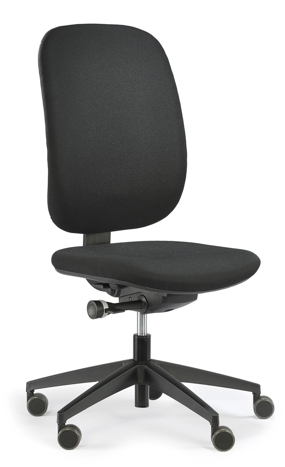 Ergonomischer Bürostuhl in Schwarz mit verstellbaren Funktionen und Rollen für dynamisches Sitzen.