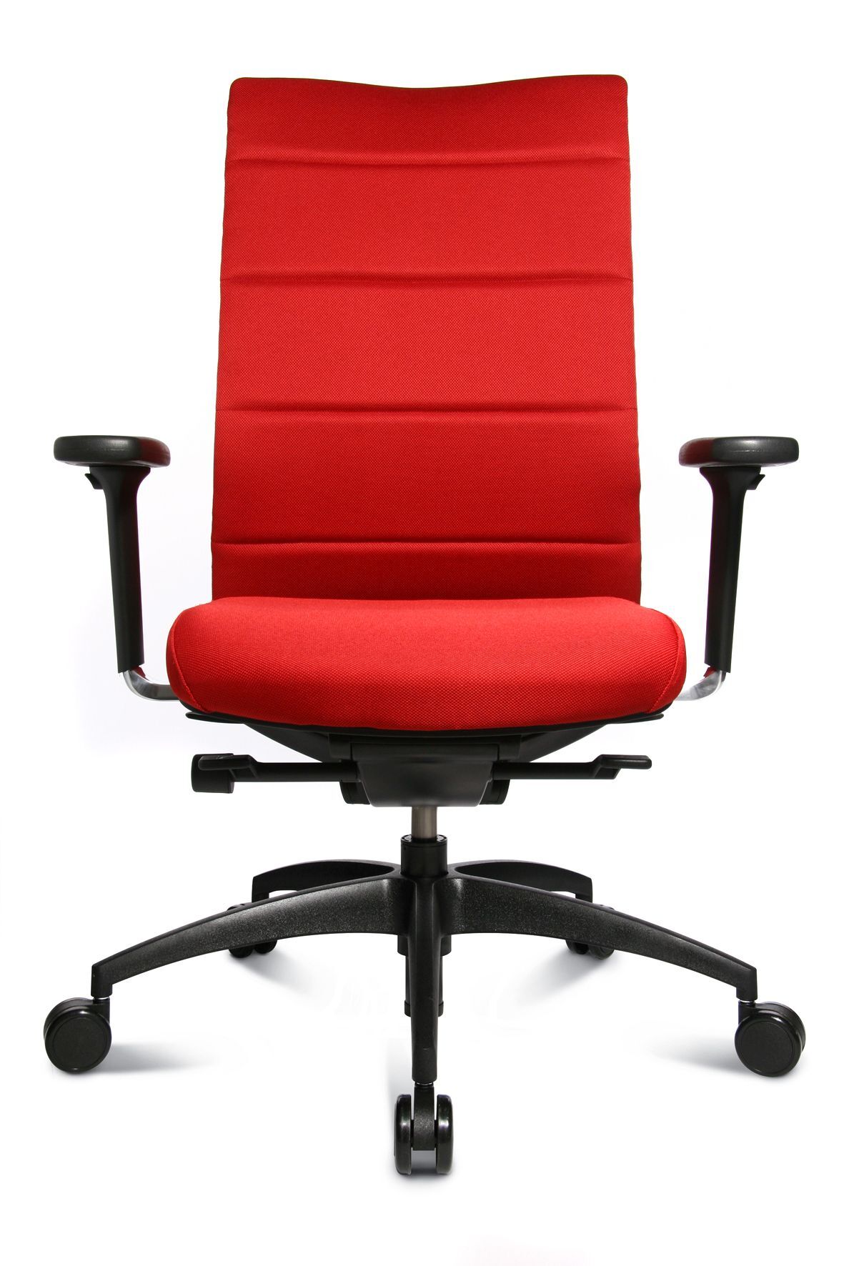 Ergonomischer Bürostuhl in Rot mit verstellbaren Armlehnen und Rollen für dynamisches Sitzen im modernen Büro.