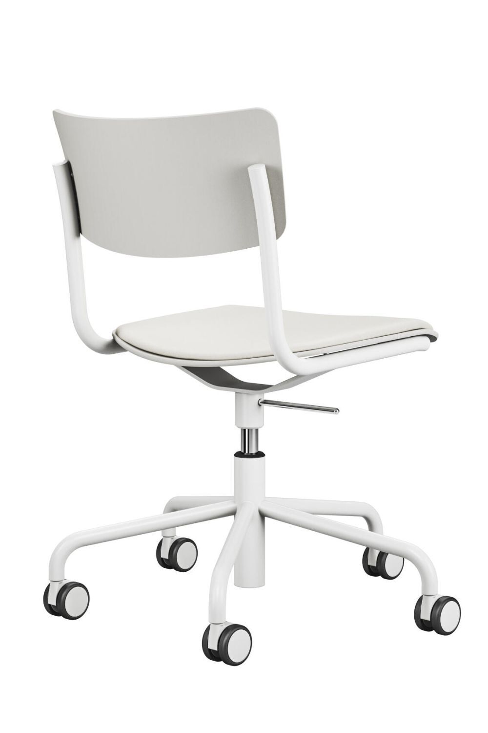 Rückansicht eines weißen, ergonomischen Bürostuhls mit Rollen und verstellbarer Sitzhöhe auf hellem Hintergrund.
