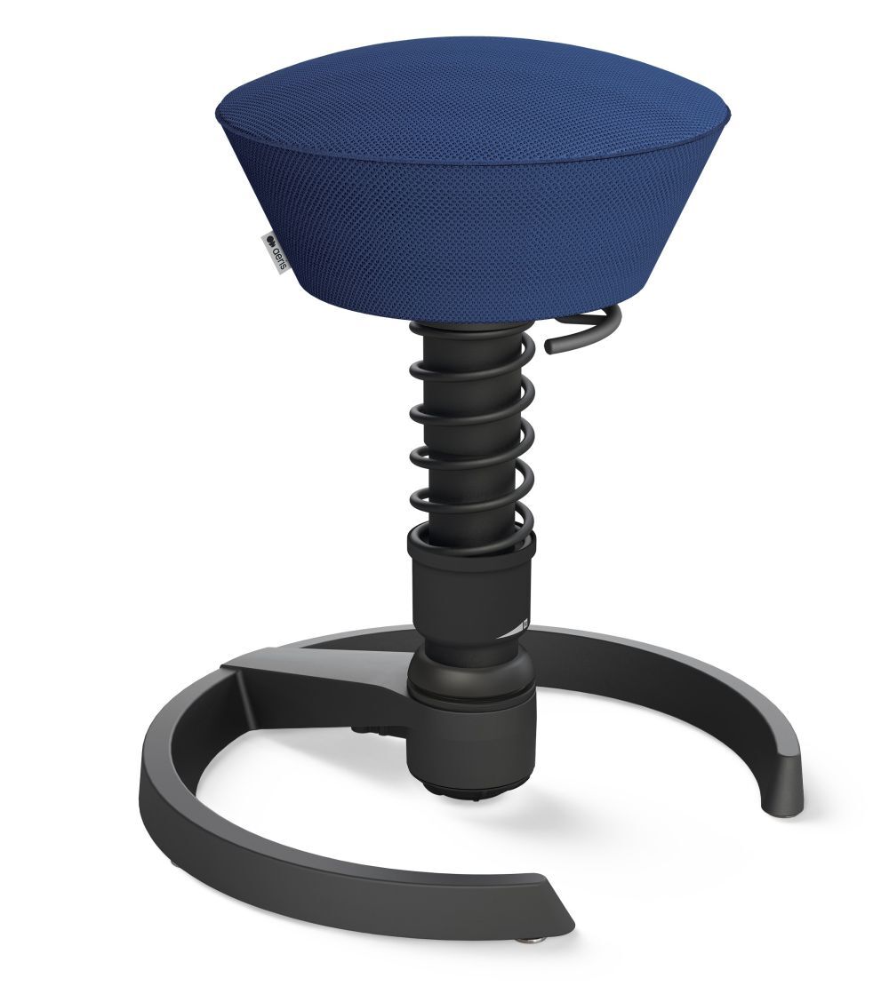 Ergonomischer Hocker mit Federmechanismus und blauem Sitzpolster, fördert dynamisches Sitzen im Büro.