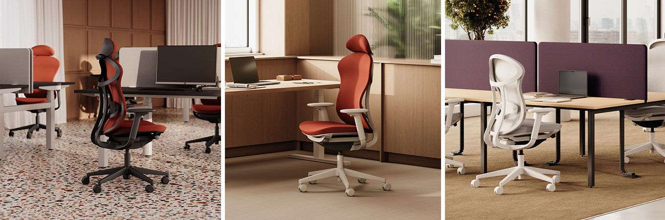 Drei Büroszenen mit ergonomischen Stühlen in verschiedenen Designs und Farben für aktives, gesundes Sitzen.