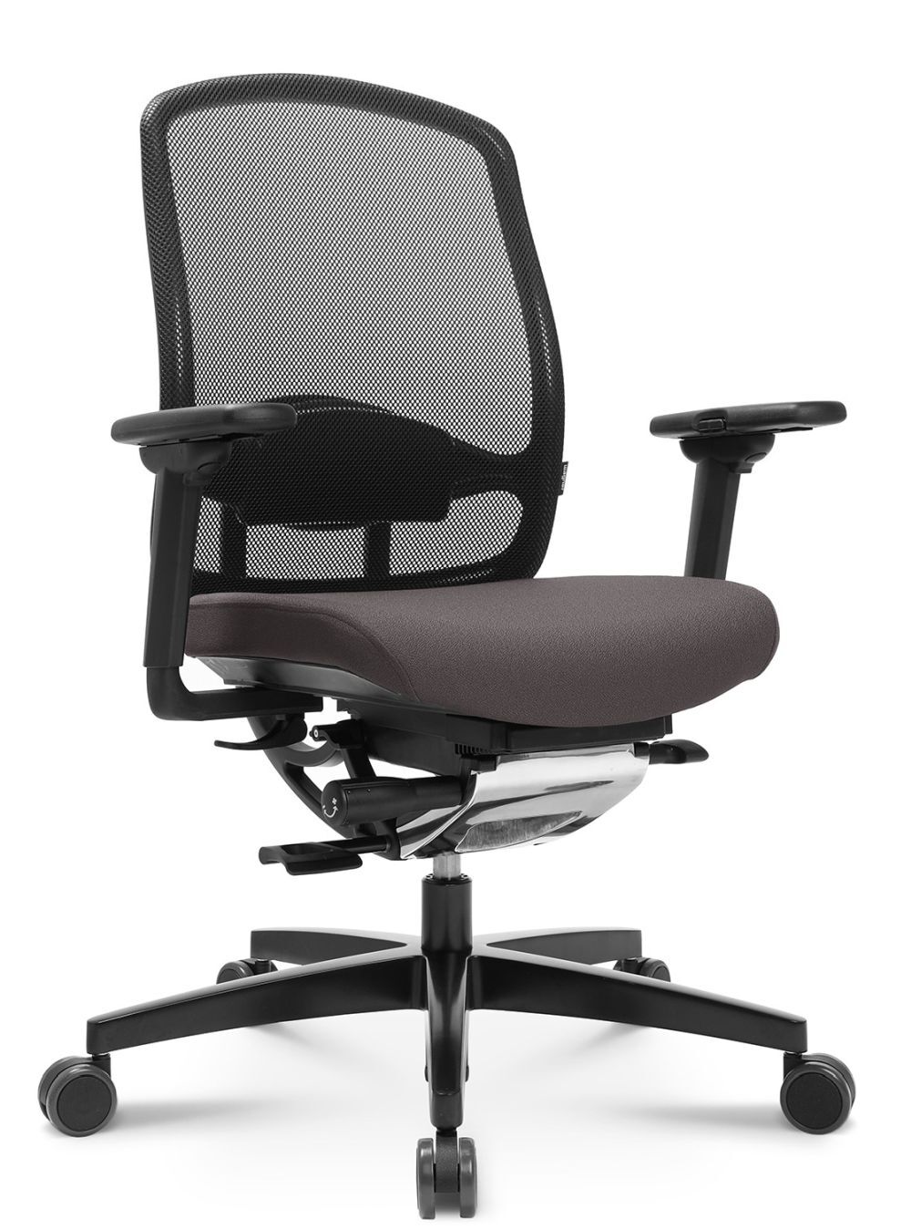 Ergonomischer Bürostuhl mit Netzrückenlehne, verstellbaren Armlehnen und schwarzem Gestell auf Rollen.