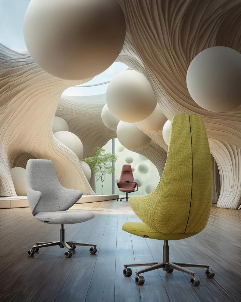 Drei ergonomische Bürostühle in einem futuristischen Raum mit organischen Strukturen und großen Kugeln. Harmonische Ästhetik.