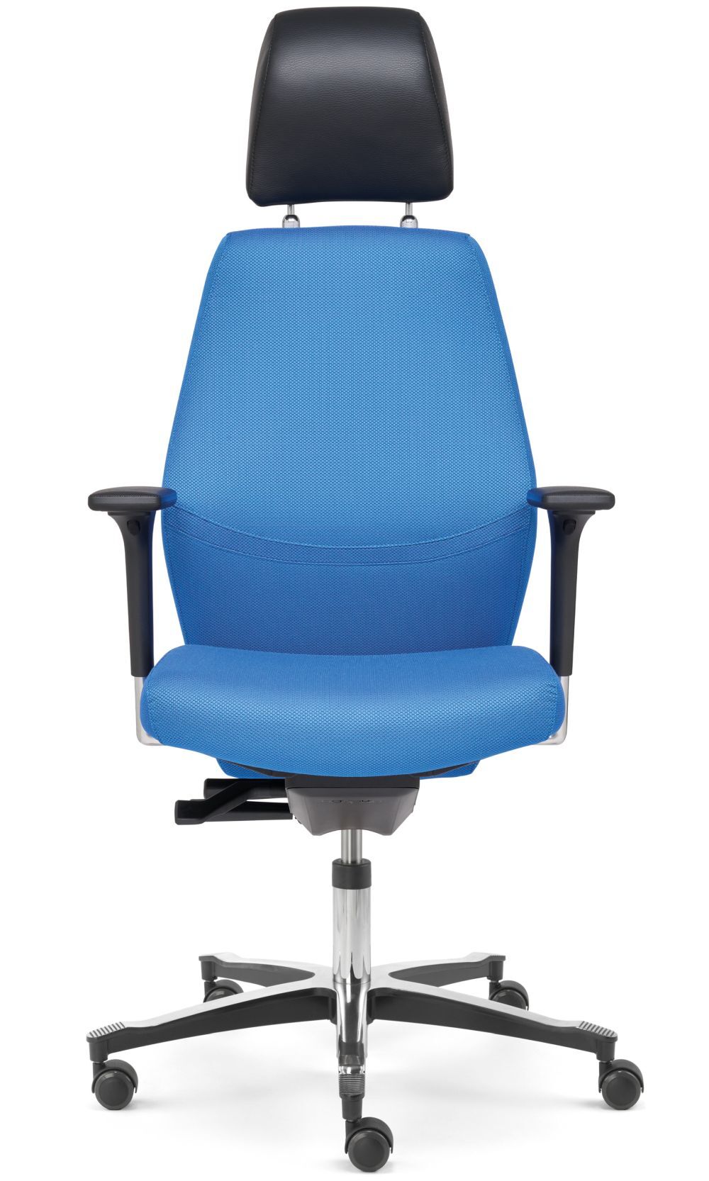 Ergonomischer Bürostuhl in Blau mit schwarzer Kopfstütze und verstellbaren Armlehnen für gesundes, dynamisches Sitzen.
