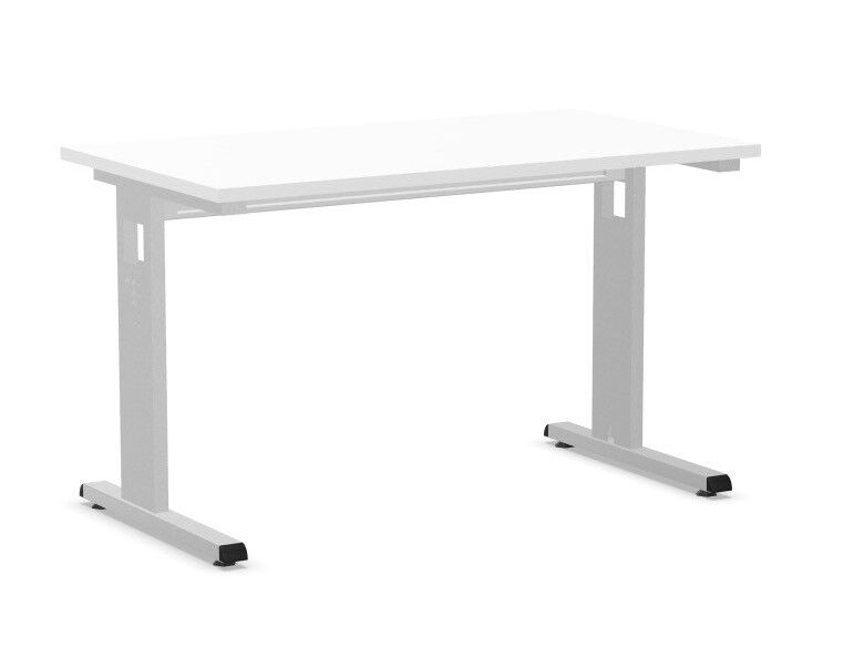 Moderner höhenverstellbarer Schreibtisch mit weißer Tischplatte und robustem Metallgestell für ergonomisches Arbeiten.