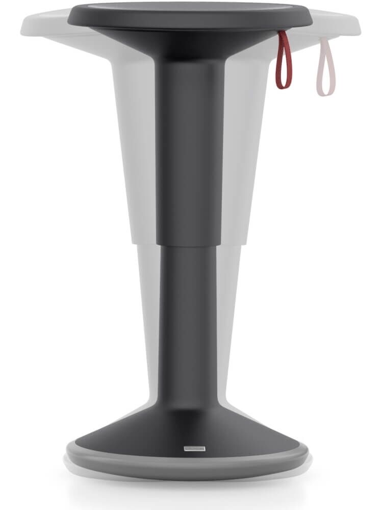 Moderner ergonomischer Bürohocker mit konischem Design und dynamischer Sitzfunktion in schwarz und grau.