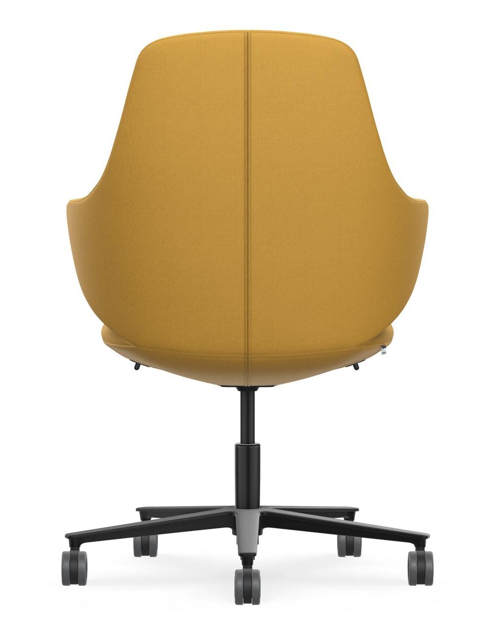 Ergonomischer, gelber Bürostuhl mit Rollen, Rückansicht zeigt schlankes Design und mittlere Rückenlehne.