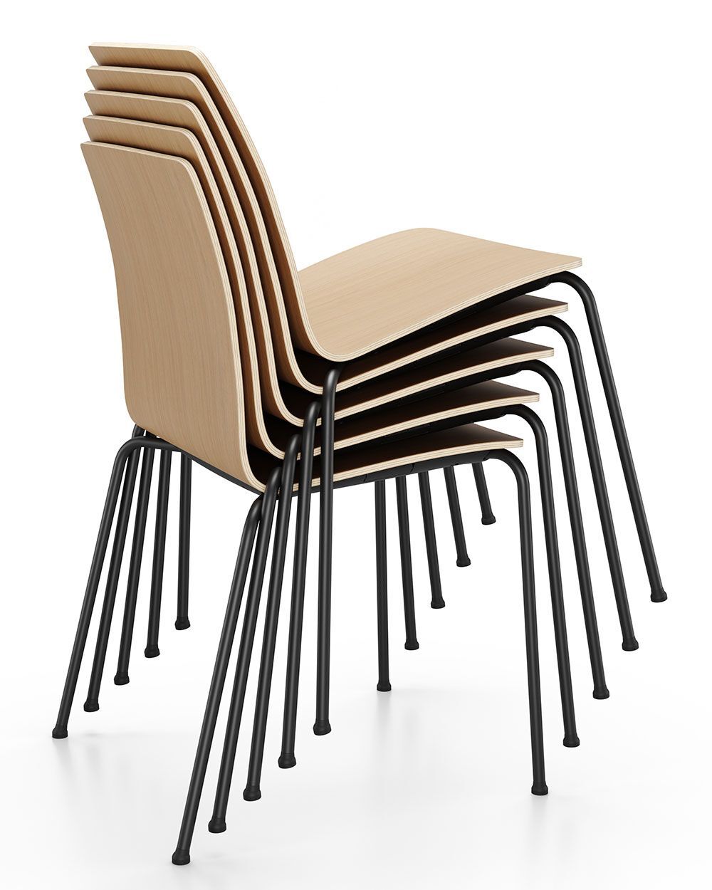 Fünf platzsparend gestapelte Holzstühle mit schwarzen Metallbeinen auf einem weißen Hintergrund.