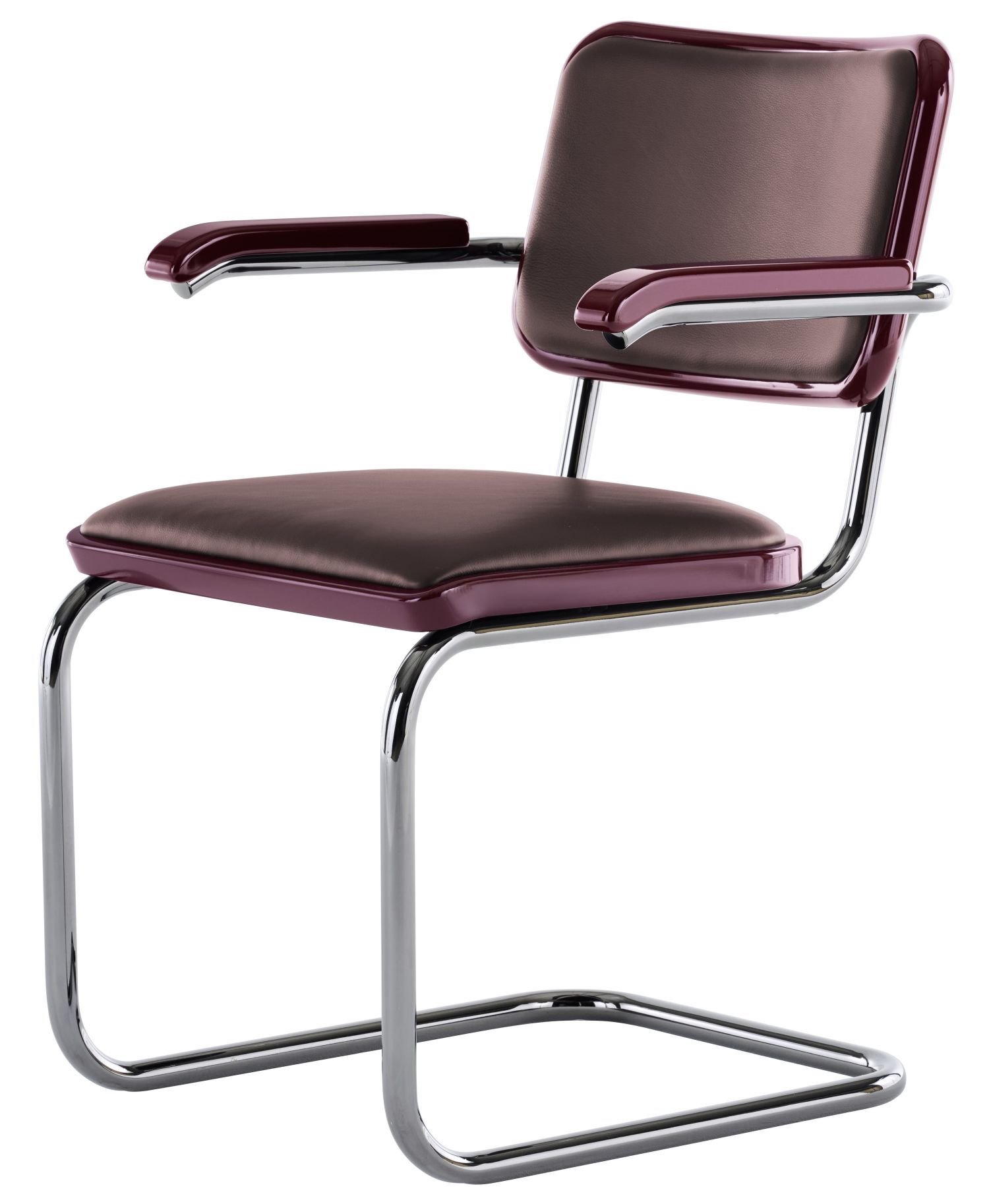 Moderner Freischwinger-Bürostuhl mit braunen Lederpolstern und verchromtem Metallrahmen für ergonomisches Sitzen.