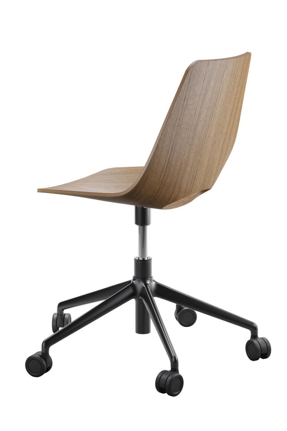 Moderner Bürostuhl mit Holzoptik-Sitzschale und schwarzem Rollfußgestell, ideal für ergonomisches Arbeiten.
