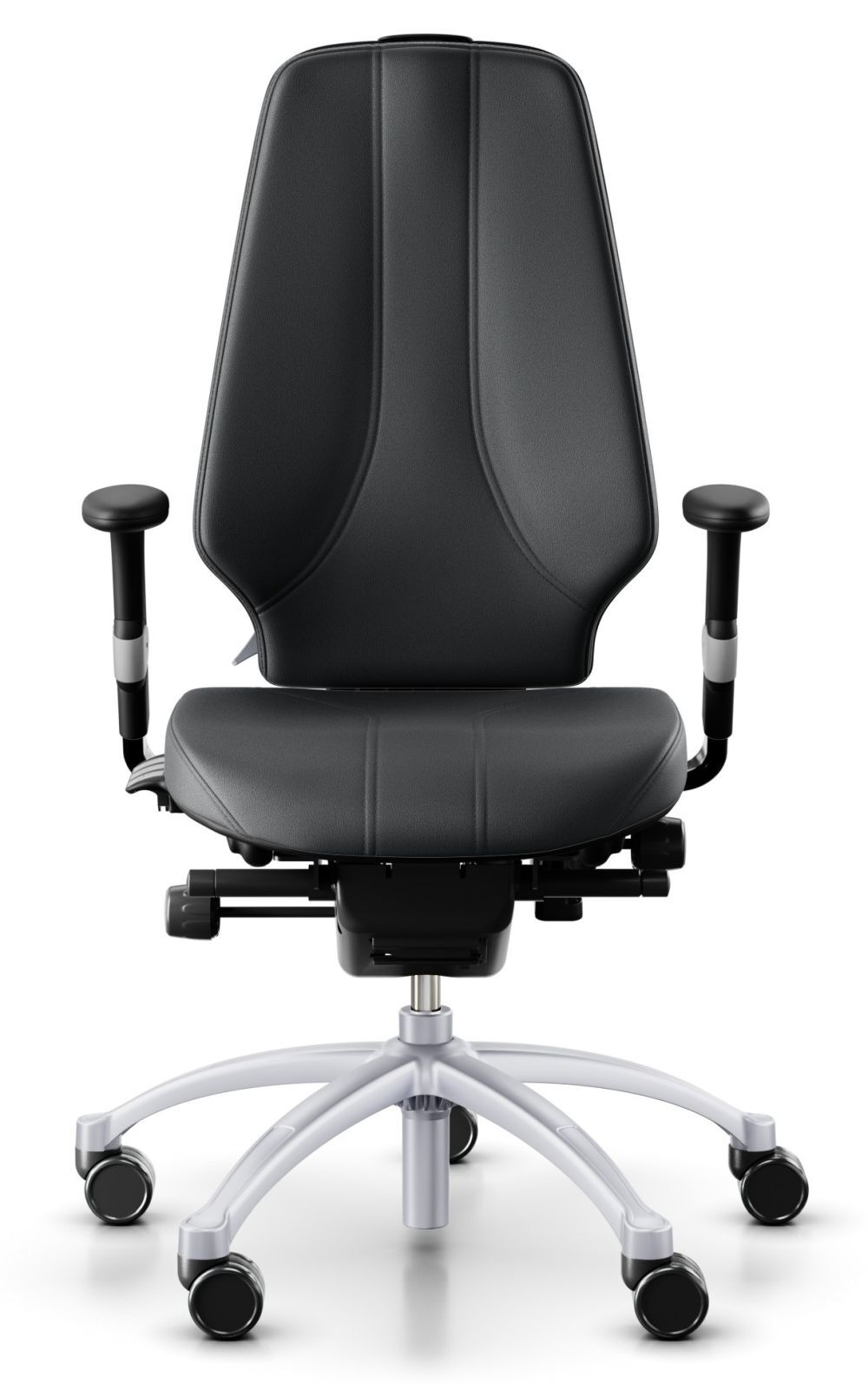 Moderner schwarzer ergonomischer Bürostuhl mit verstellbaren Armlehnen und Rollen für dynamisches Sitzen.