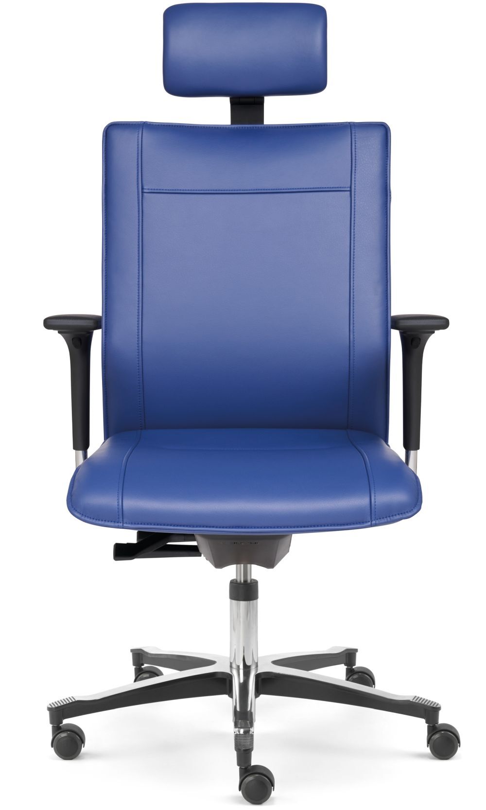 Blauer ergonomischer Bürostuhl mit Kopfstütze und Armlehnen, auf stabilem Drehfuß mit Rollen.