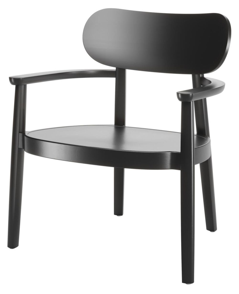 Schwarzer, moderner Holzstuhl mit gepolsterten Armlehnen und Rückenlehne, ideal für ergonomisches Sitzen im Büro.