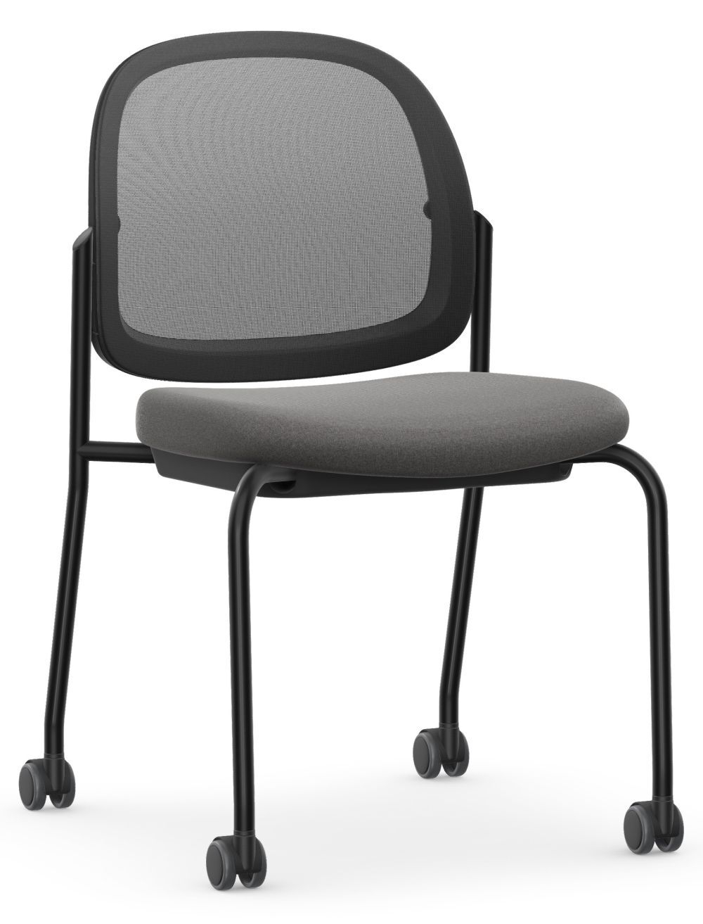 Ergonomischer Bürostuhl mit Netzrückenlehne, grauem Sitzpolster und schwarzen Rollen für dynamisches Sitzen.