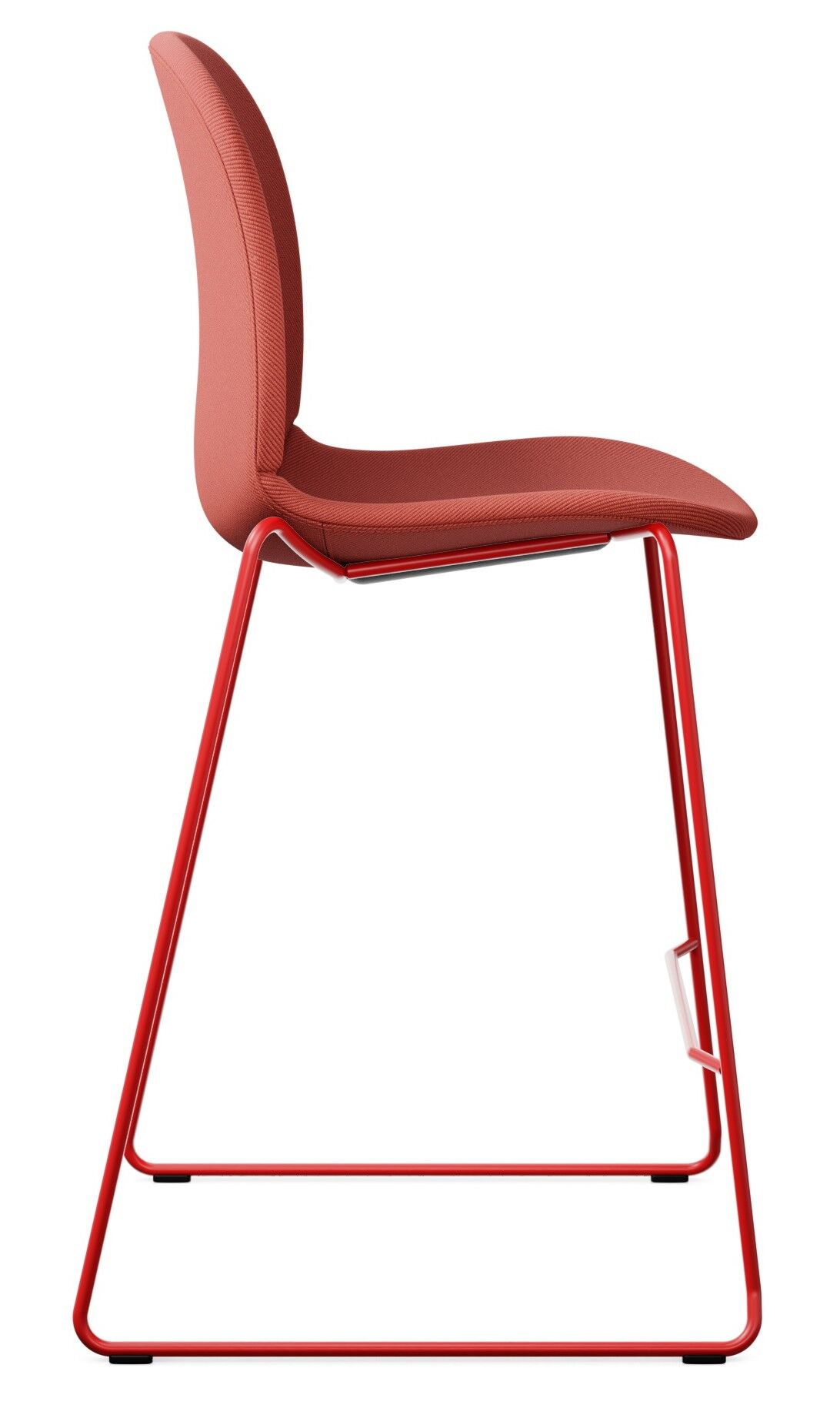 Moderner roter Hocker mit ergonomischem Design und stabilen Metallbeinen, seitlich fotografiert.