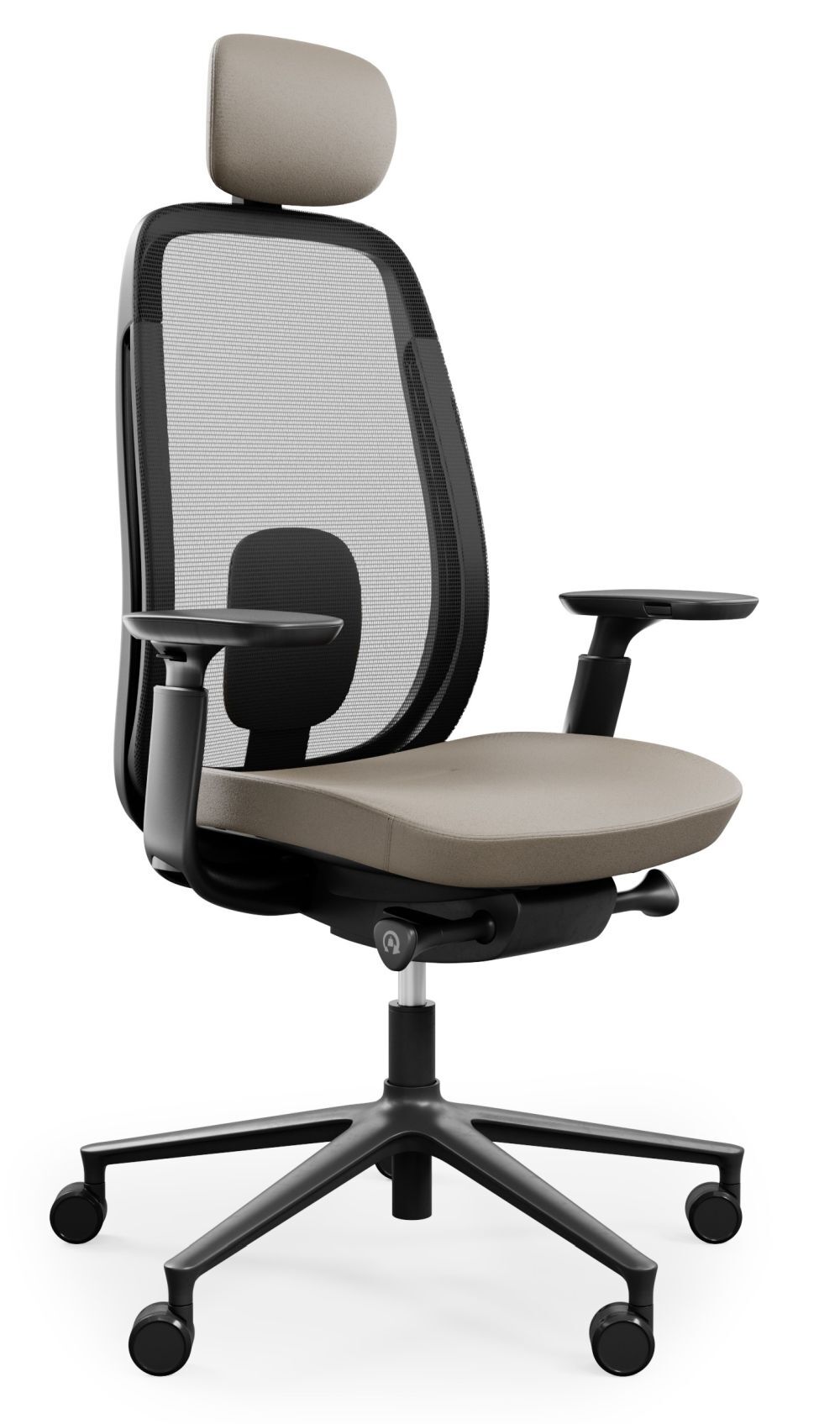 Ergonomischer Bürostuhl mit Kopfstütze und Netzrückenlehne, verstellbaren Armlehnen und Fünf-Sterne-Rollfußkreuz.