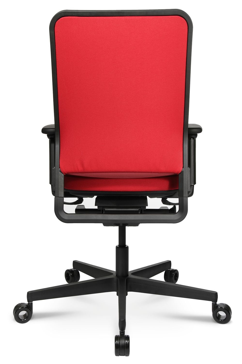 Rückenansicht eines ergonomischen Bürostuhls mit roter Polsterung und schwarzem Gestell auf Rollen.