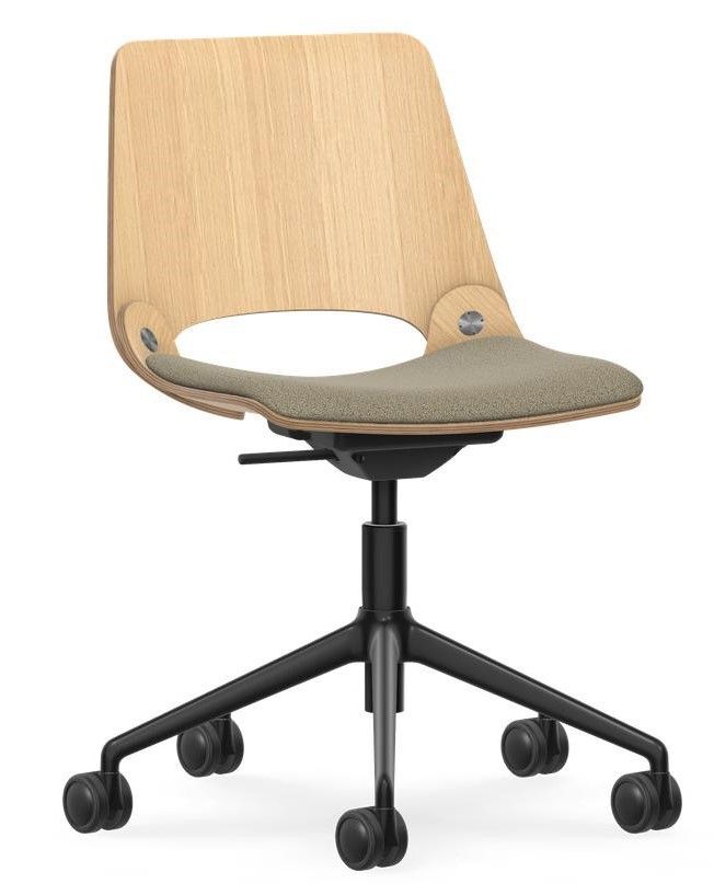 Ergonomischer Bürostuhl mit Holzrückenlehne, grauer Sitzfläche und schwarzem Rollfuß für dynamisches Sitzen.