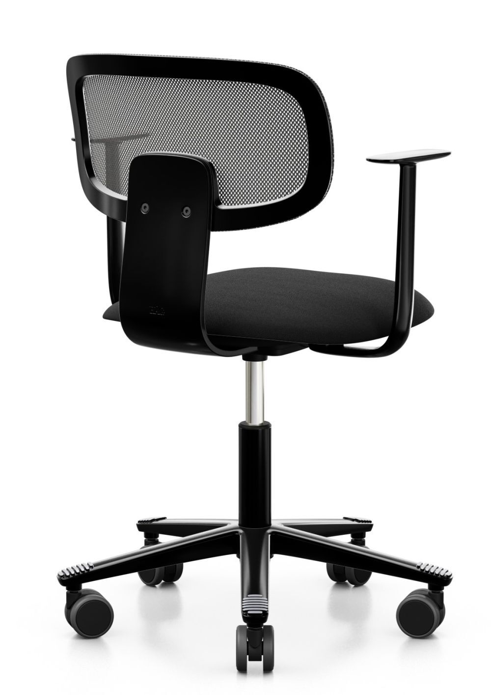 Ergonomischer Bürostuhl mit Netzrückenlehne, schwarzem Sitzpolster und verstellbaren Armlehnen auf Rollen.