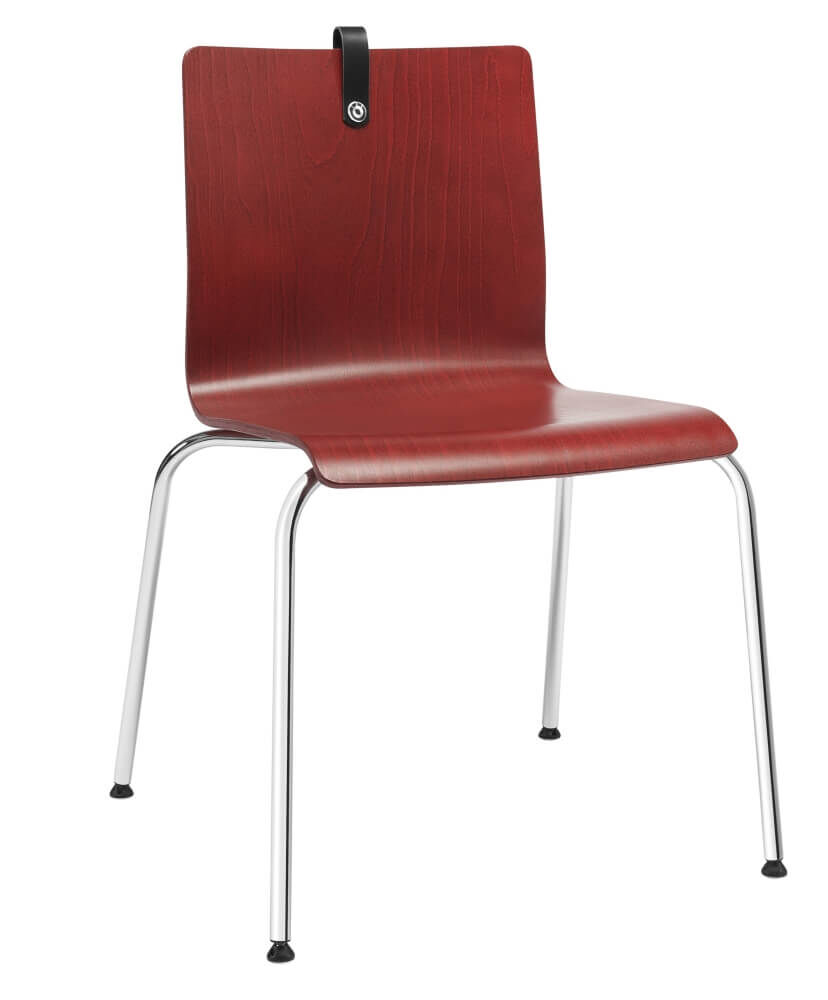 Moderner Holzstuhl mit rotem Finish, silbernen Metallbeinen und schwarzem Griffdetail für ergonomisches Design.