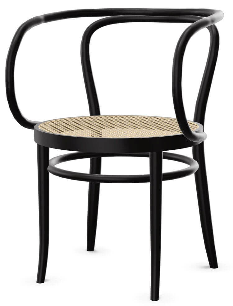 Schwarzer Stuhl mit runden Armlehnen und geflochtener Sitzfläche, elegantes Design für ergonomisches Sitzen.