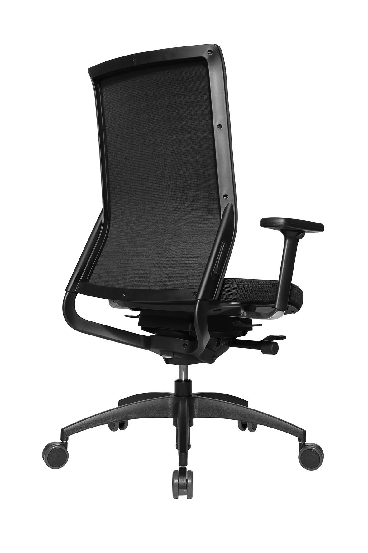 Ergonomischer Bürostuhl mit Netzrückenlehne, verstellbarer Armlehne und Rollen für dynamisches Sitzen.