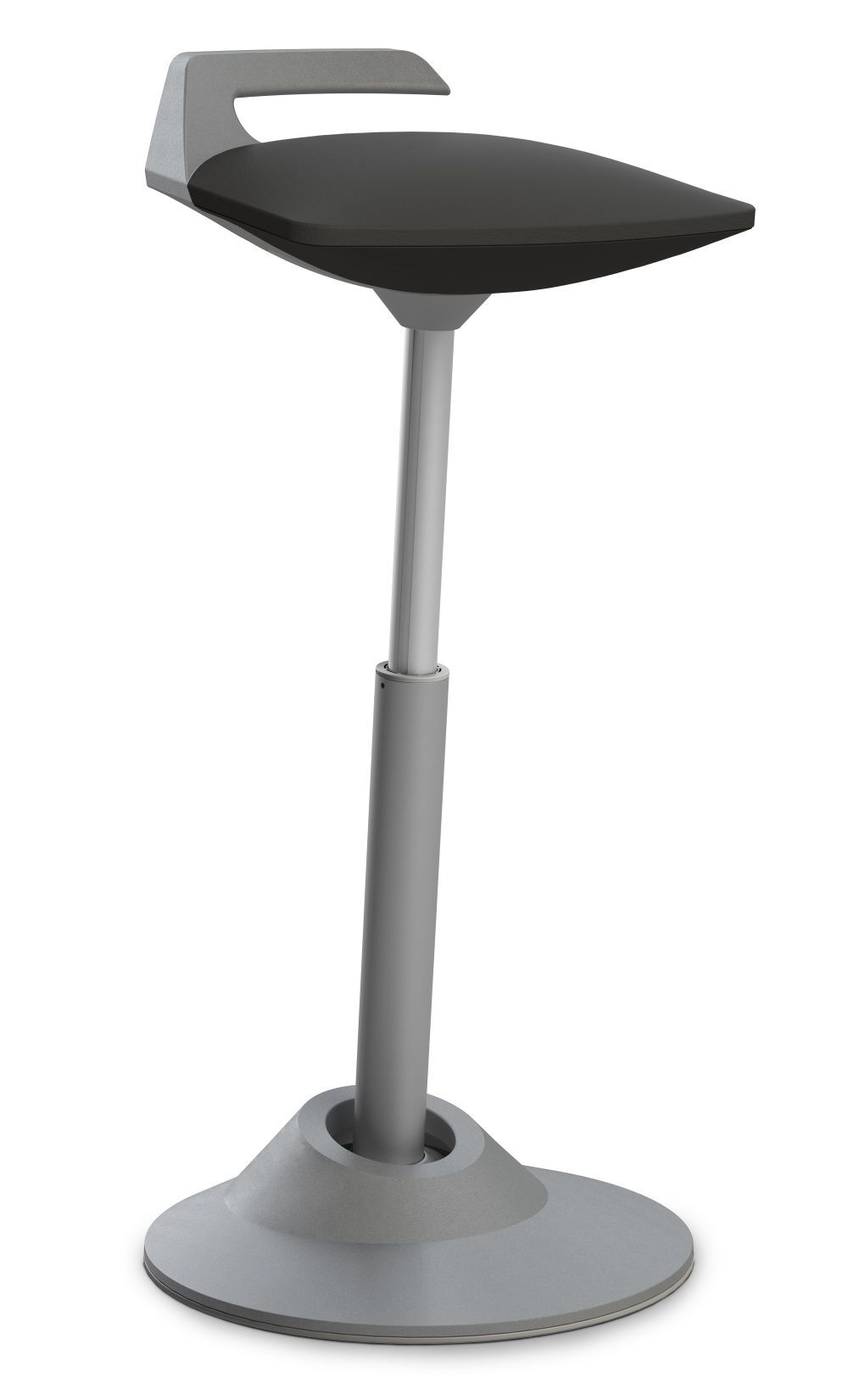 Höhenverstellbarer ergonomischer Stehstuhl mit grauer Basis und schwarzem Sitz, ideal für dynamisches Sitzen.
