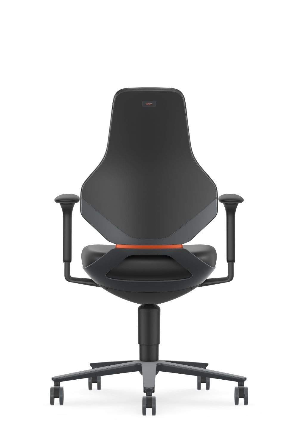 Ergonomischer Bürostuhl in Schwarz mit verstellbaren Armlehnen und fünf Rollen für dynamisches Sitzen.