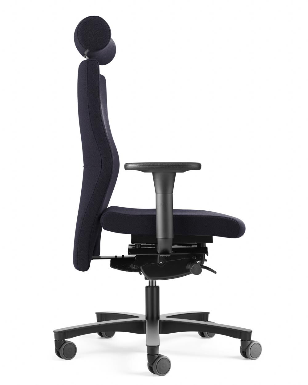 Ergonomischer Bürostuhl in Seitenansicht mit Nackenstütze und verstellbaren Armlehnen, ideal für gesundes Sitzen.