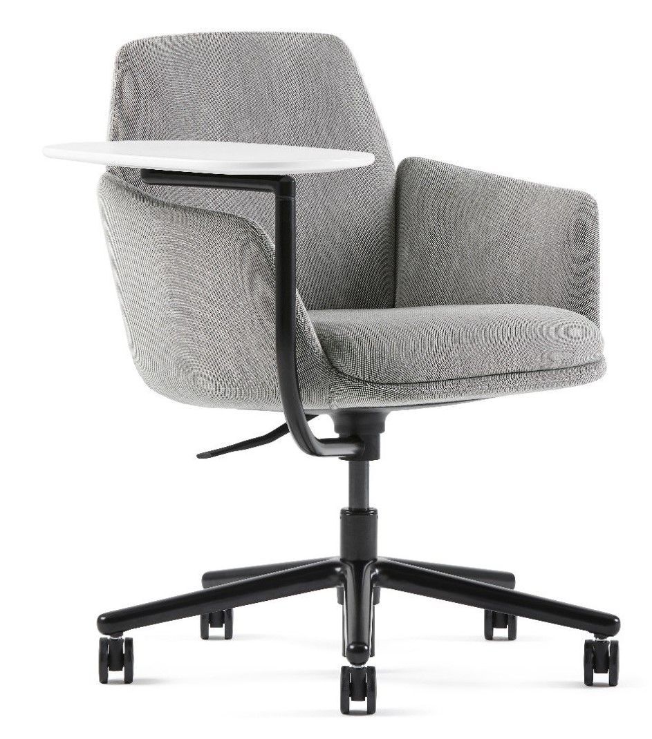Grauer ergonomischer Stuhl mit gepolsterten Armlehnen und drehbarem Tischaufsatz auf Rädern, ideal fürs Büro.
