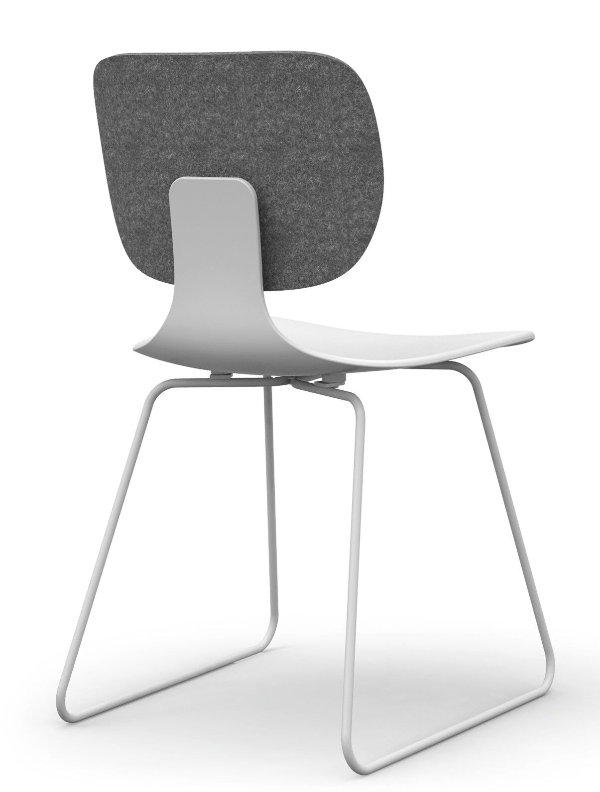 Moderner ergonomischer Bürostuhl mit grauer Filzrücklehne und schlanken Metallbeinen, ideal für dynamisches Sitzen.