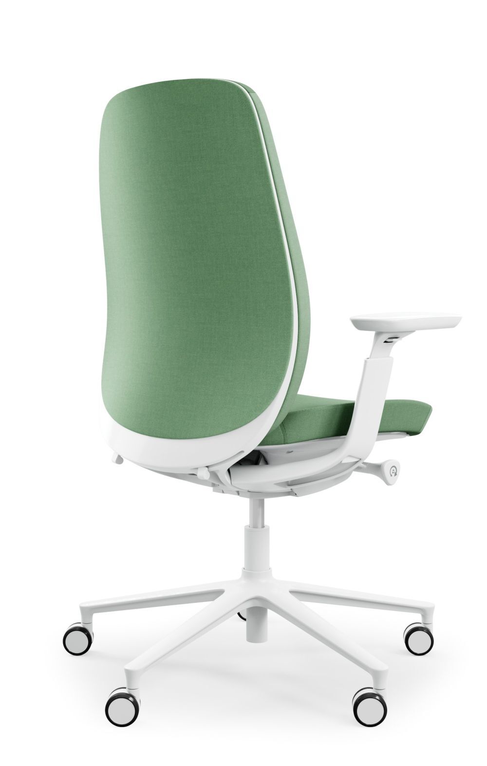 Ergonomischer Bürostuhl mit grünem Stoffbezug, weißen Akzenten und Rollen für gesundes, dynamisches Sitzen.
