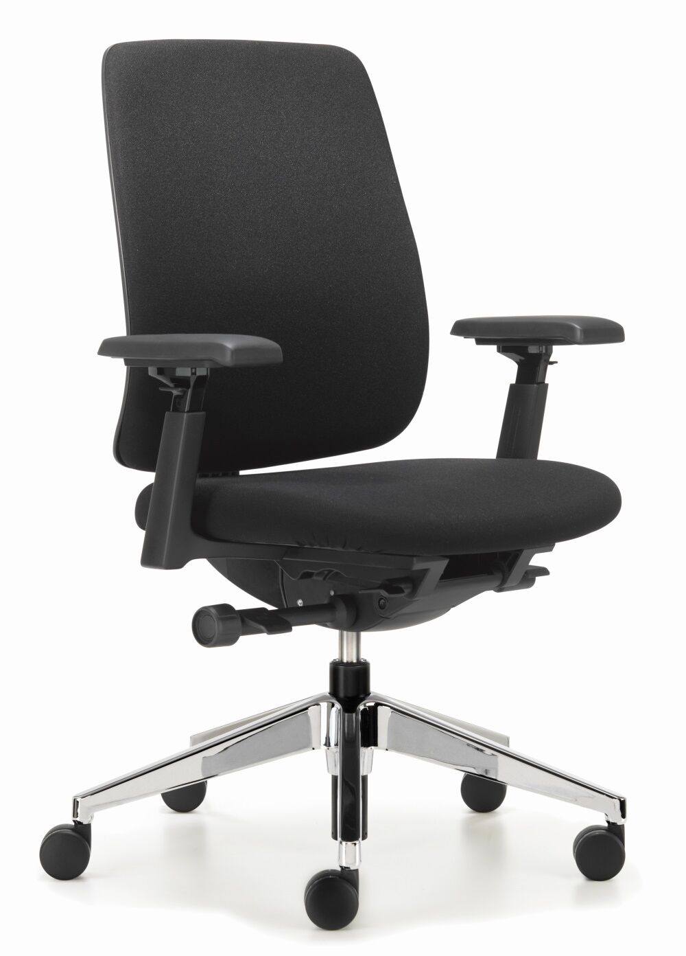 Ergonomischer schwarzer Bürostuhl mit verstellbaren Armlehnen und Metallrollen, ideal für gesundes Sitzen im Büro.