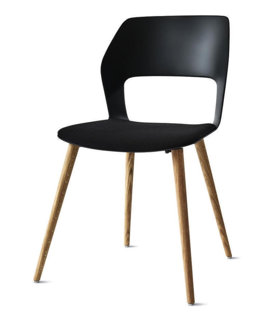 Moderner Stuhl mit schwarzer Rückenlehne und Sitzfläche, Holzbeine, für ergonomischen Komfort und stilvolles Design.