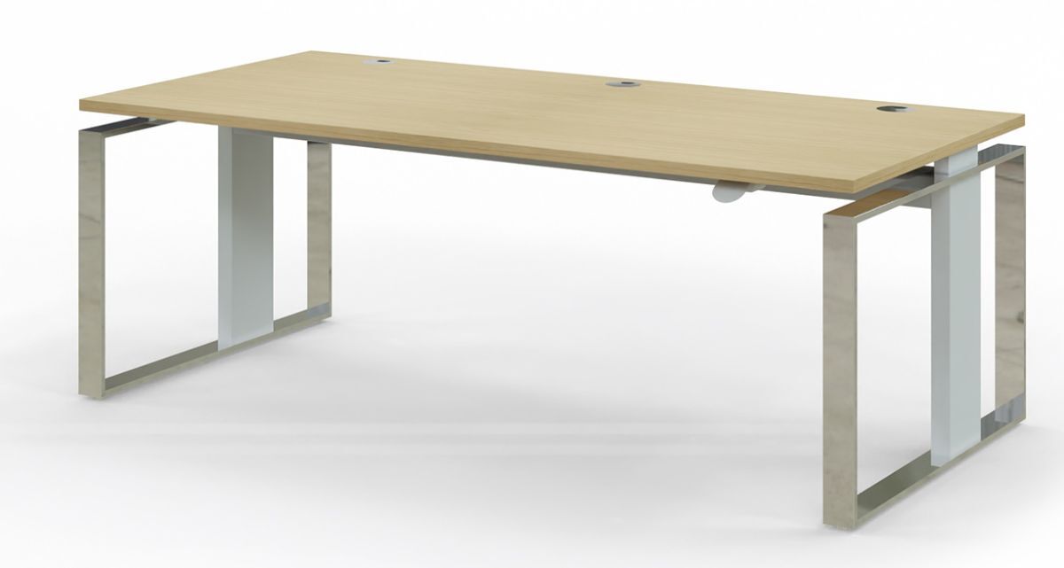 Moderner Bürotisch mit rechteckiger Holzplatte und stilvollen Metallbeinen in U-Form, ideal für ergonomisches Arbeiten.