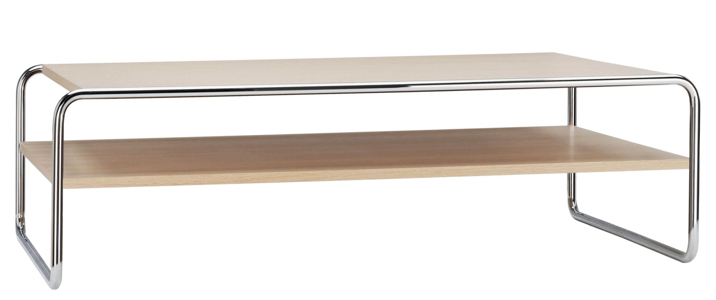Moderner Couchtisch mit metallischen Beinen und zwei Holzplatten, ideal für das Büro oder Wohnzimmer.
