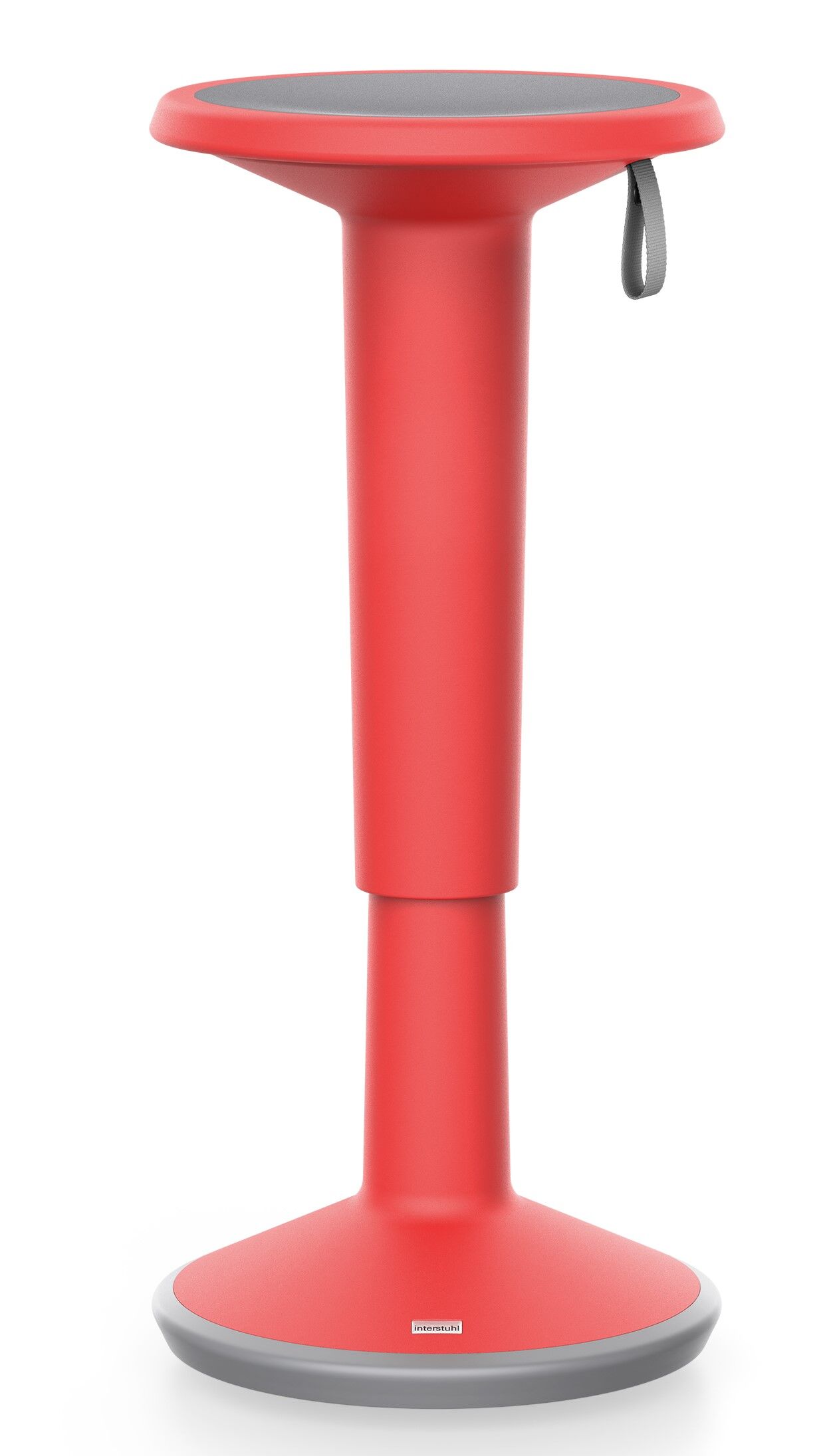 Roter, höhenverstellbarer Stehsitz mit rutschfester Basis und Griff, ideal für dynamisches Sitzen im Büro.
