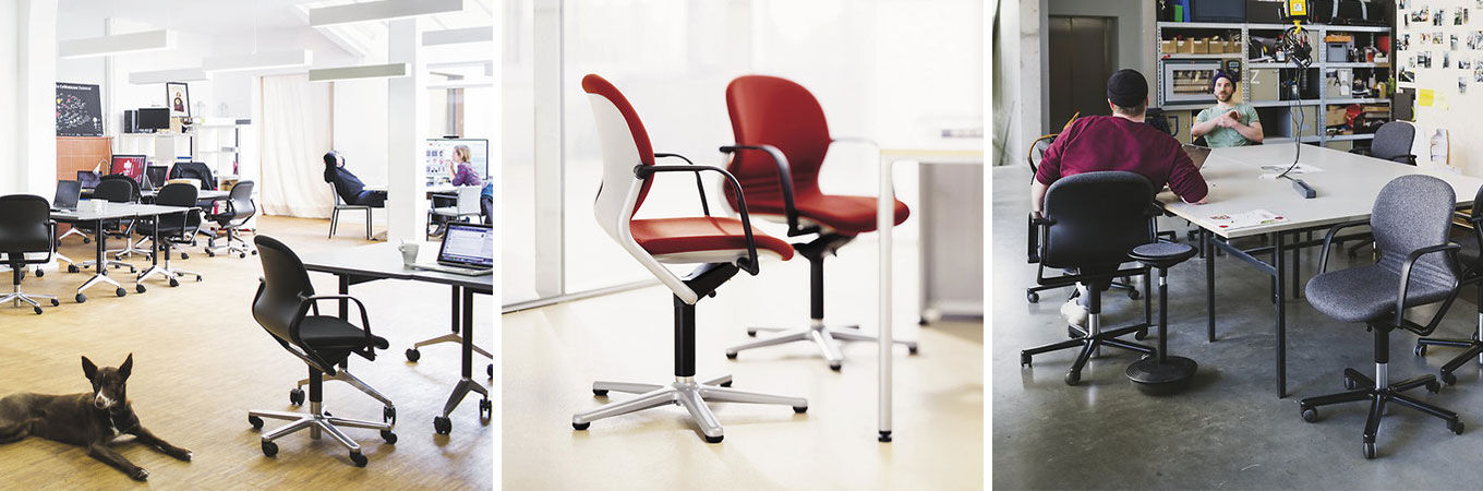 Drei Bilder von ergonomischen Bürostühlen der Wilkhahn FS Linie in verschiedenen Büroumgebungen, die gesundes Arbeiten fördern.