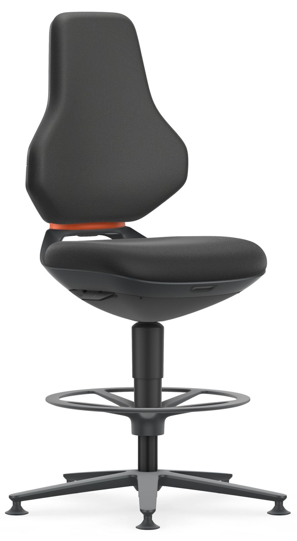 Ergonomischer Bürostuhl mit schwarzer Polsterung, höhenverstellbarem Fußring und Rückenlehne für dynamisches Sitzen.