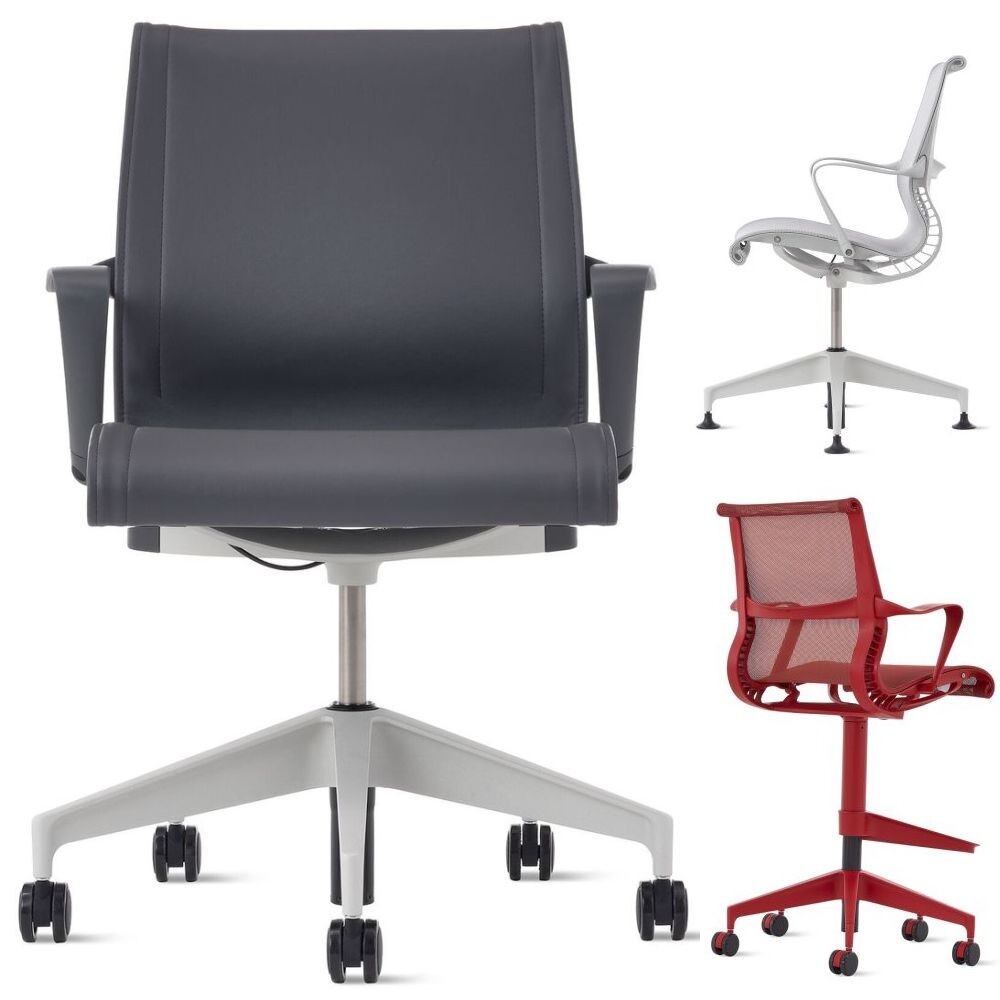 Drei ergonomische Bürostühle in verschiedenen Farben und Designs, hervorhebend Qualität und Funktionalität für dynamisches Sitzen.