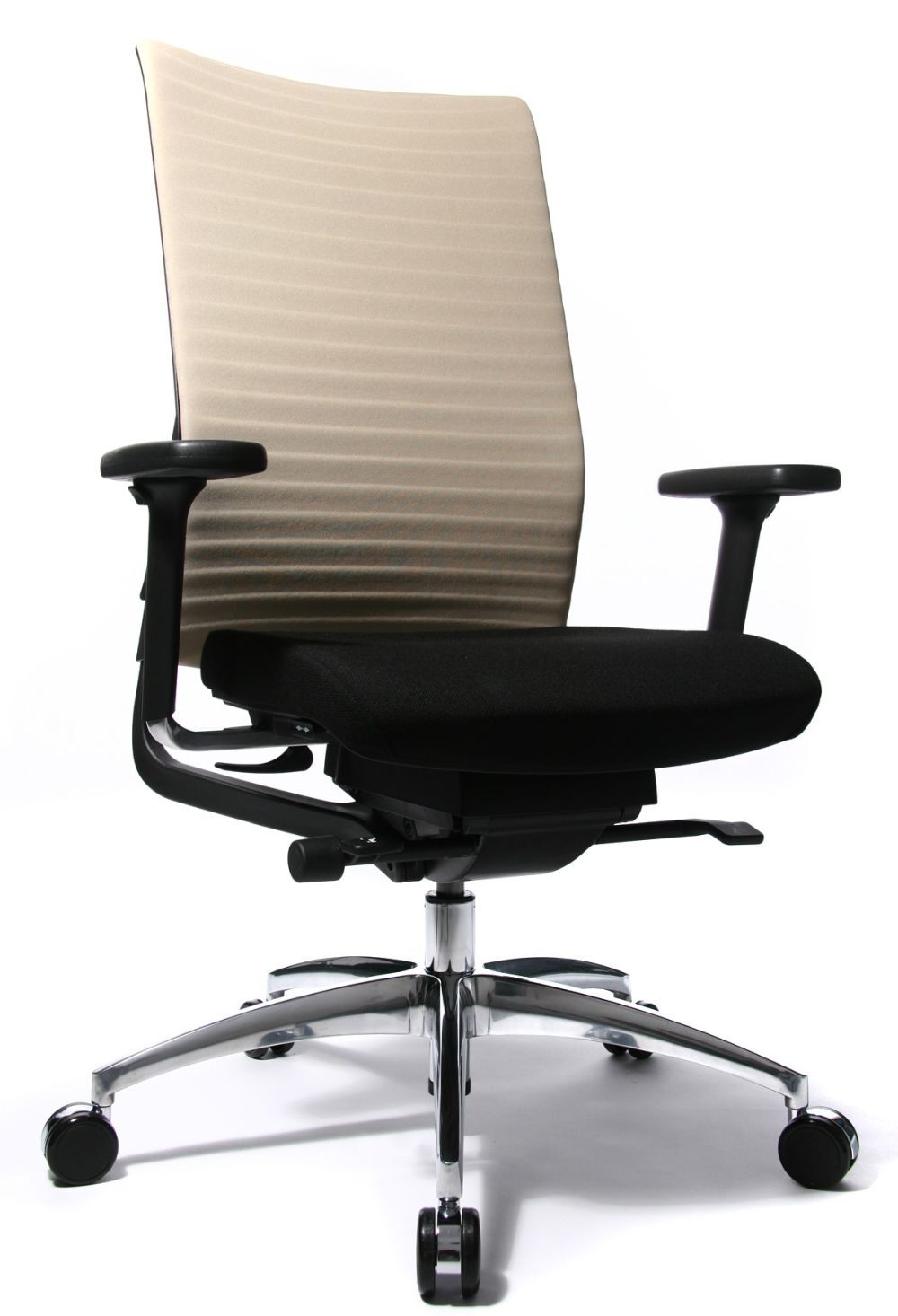 Moderner ergonomischer Bürostuhl mit verstellbaren Armlehnen, atmungsaktiver Rückenlehne und stabilem, rollbarem Fußkreuz.