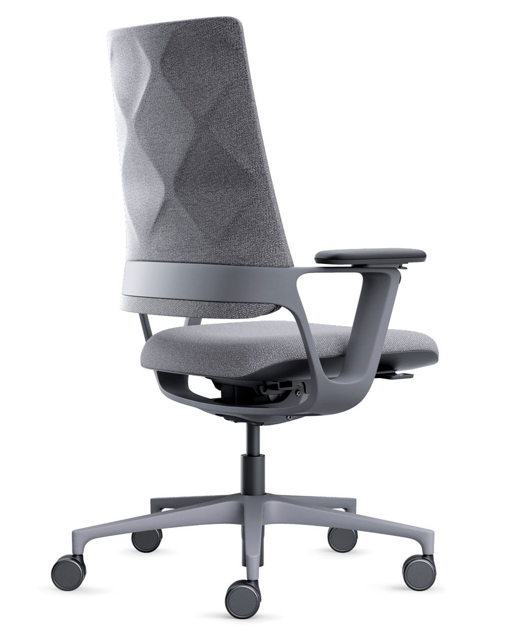 Ergonomischer Bürostuhl in Grau mit diamantförmigem Muster auf der Rückenlehne, fünf Rollen und gepolsterte Armlehnen.