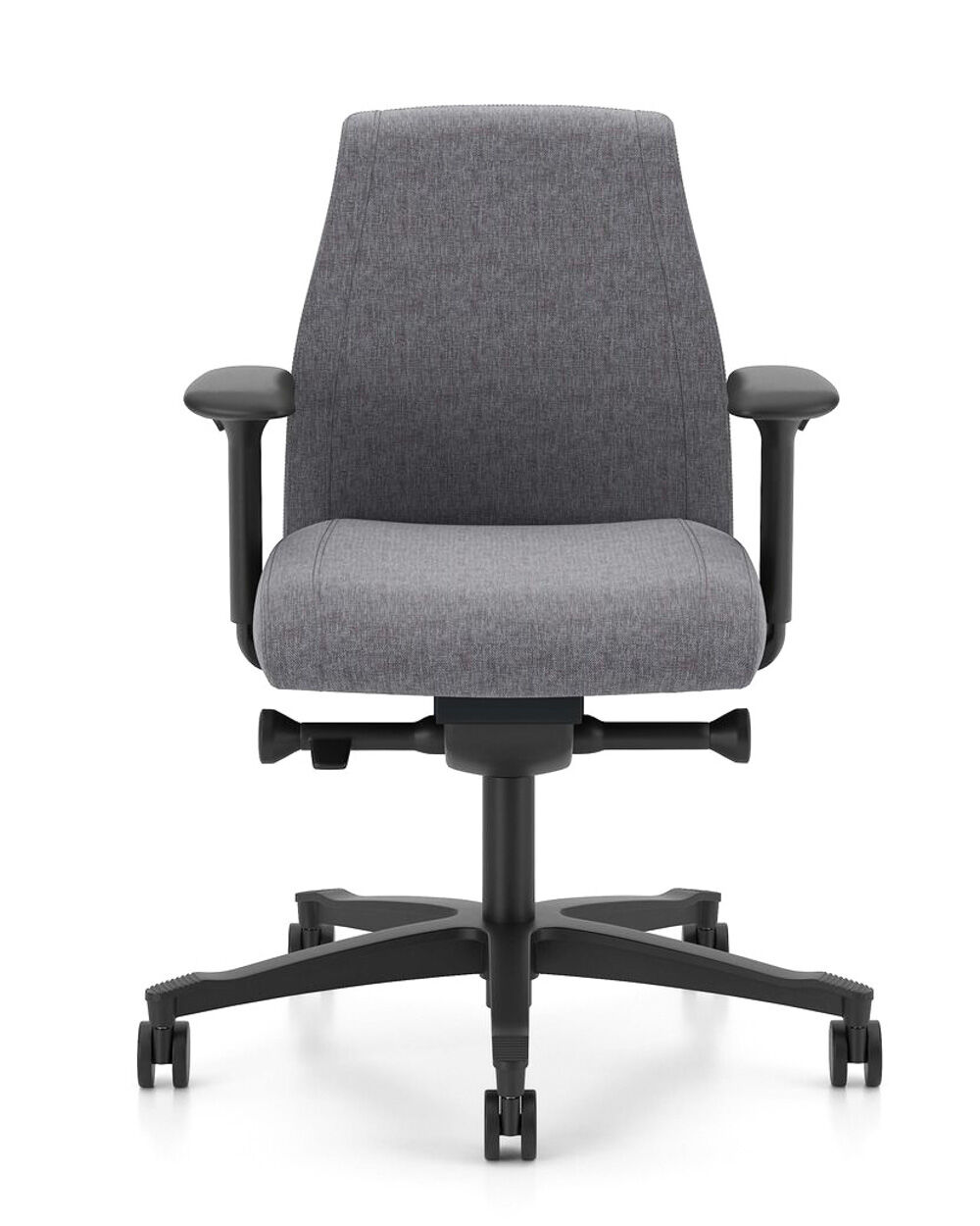 Grauer ergonomischer Bürostuhl mit verstellbaren Armlehnen und Rollen für dynamisches Sitzen im Büro.