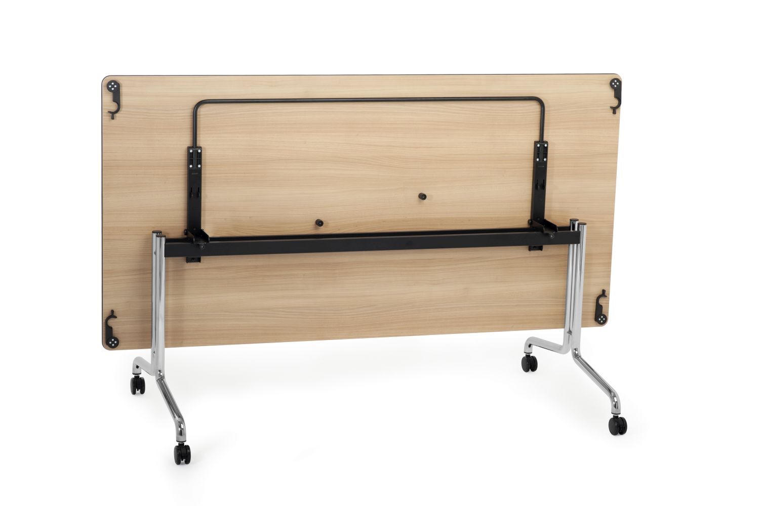 Klappbarer Holztisch mit Metallbeinen auf Rollen, für flexibles und ergonomisches Arbeiten im Büro.