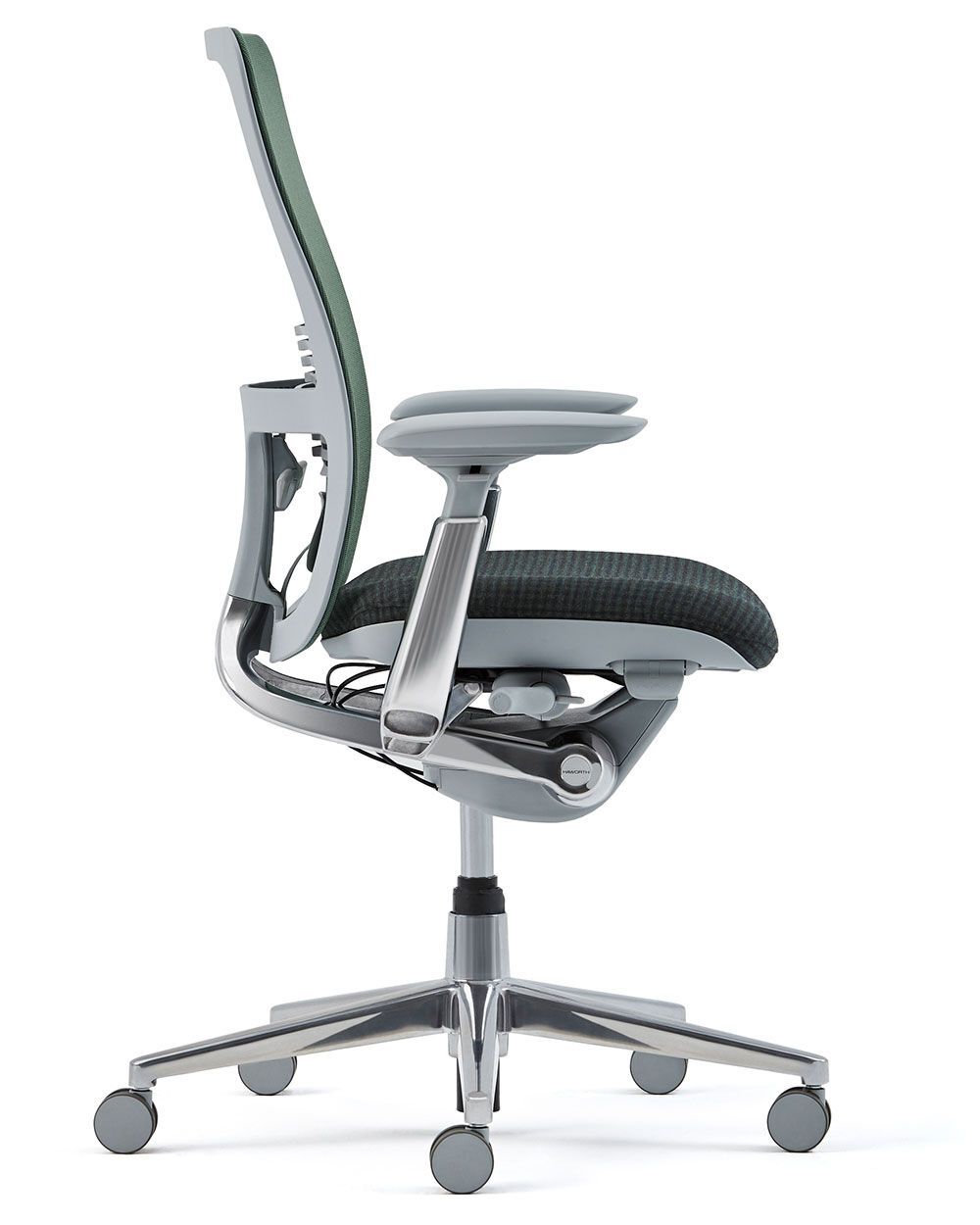 Ergonomischer Bürostuhl mit verstellbarer Rückenlehne und Armlehnen, seitliche Ansicht, auf Rollen.