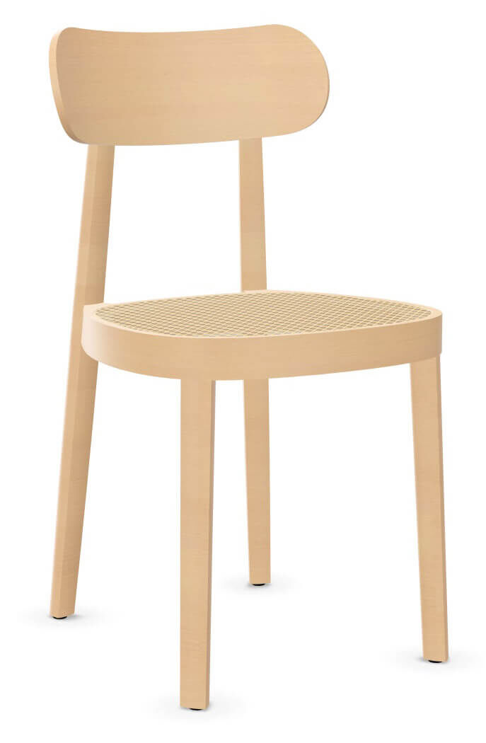 Ein minimalistischer Stuhl aus hellem Holz mit runder Sitzfläche und hoher Rückenlehne.