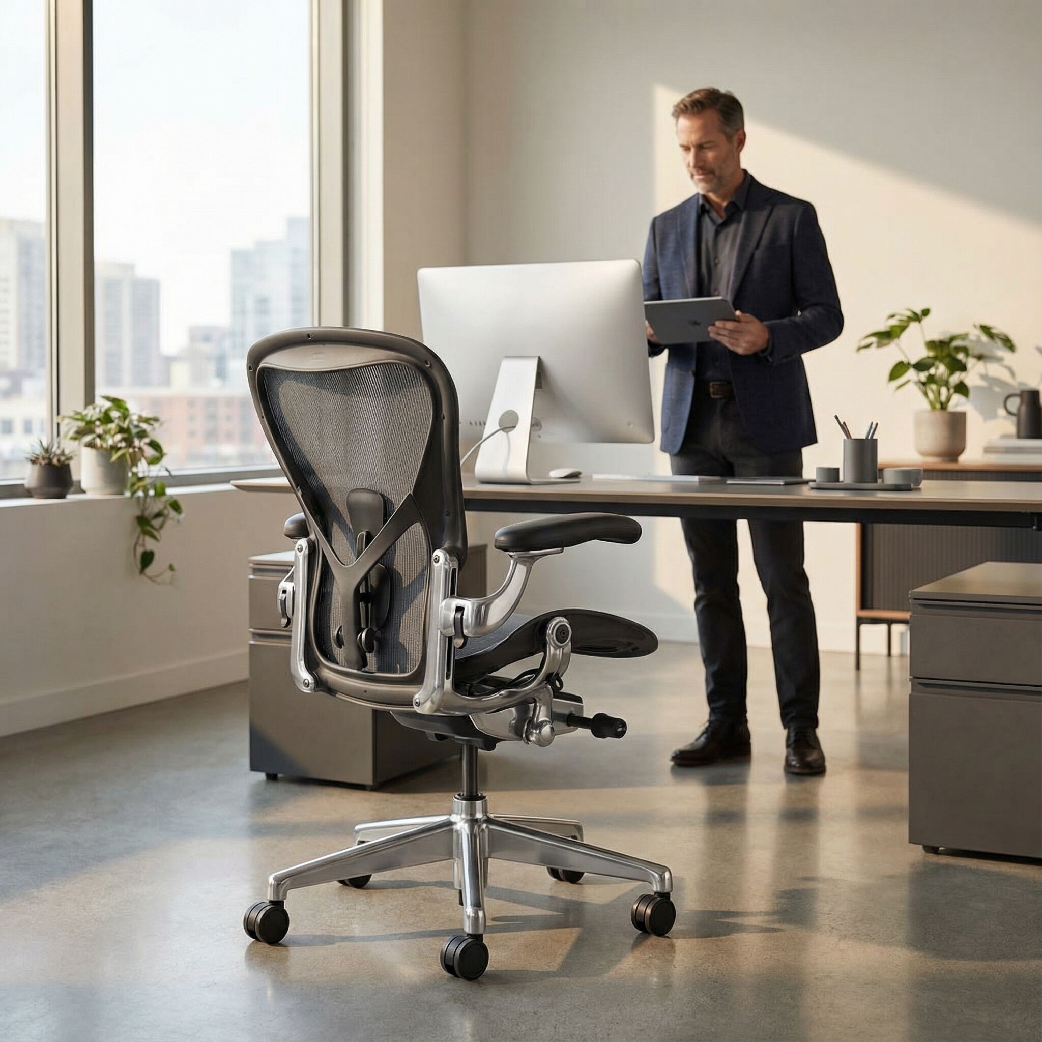 Mann steht an einem Schreibtisch, ergonomischer Bürostuhl im Vordergrund mit Mesh-Rückenlehne, modernes Bürodesign.